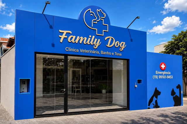 Fachada em ACM e letras caixa da clínica veterinária Family Dog